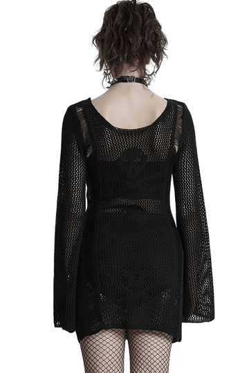 Gothic Black Skull Knit Mesh Dress with Sheer Long Sleeves